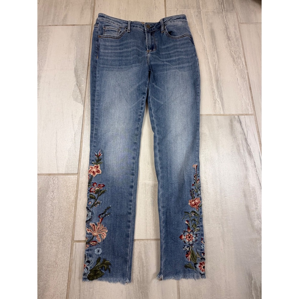 Driftwood‎ Jackie Floral Embroidered Jeans Medium Wash Raw Hem Size 27